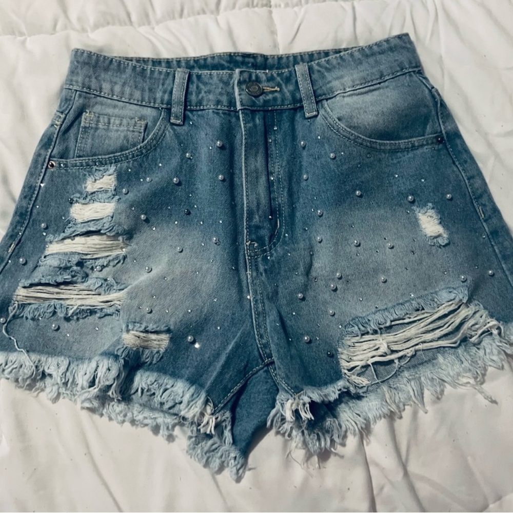 SHEIN Blue Jean Shorts with Distressed Raw Hem